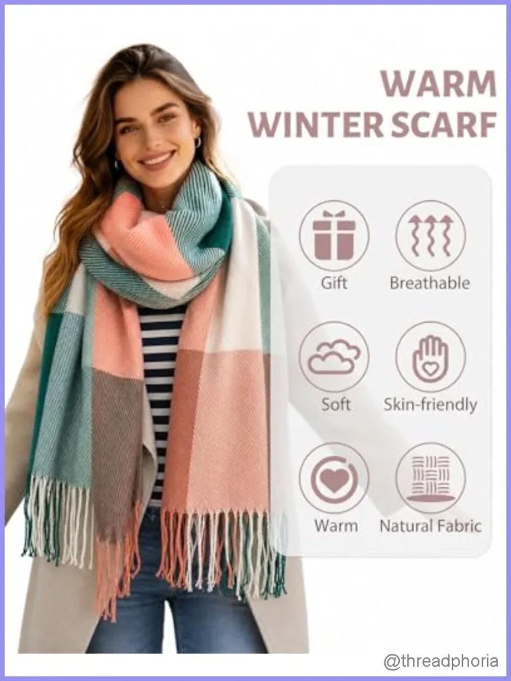 Womens Plaid Winter Scarf 100% Acrylic Soft Shawl Wrap